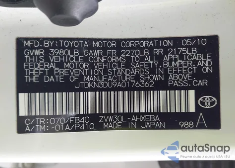 2010 Toyota Prius Ii из США, поврежденный, VIN JTDKN3DU9A0176362